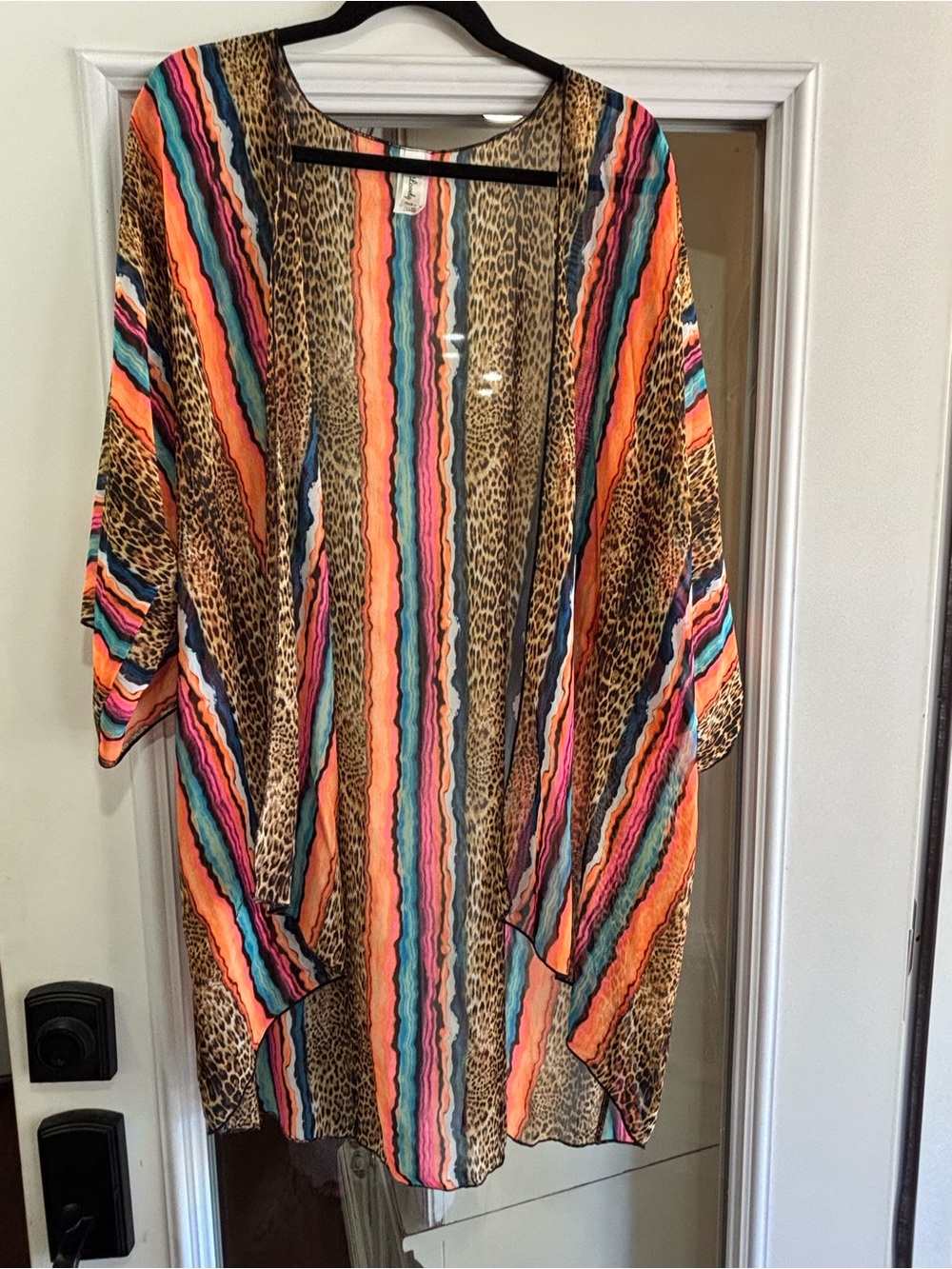 Striped Leopard-Accent Open Kimono Cardigan in Orange, Teal & Pink